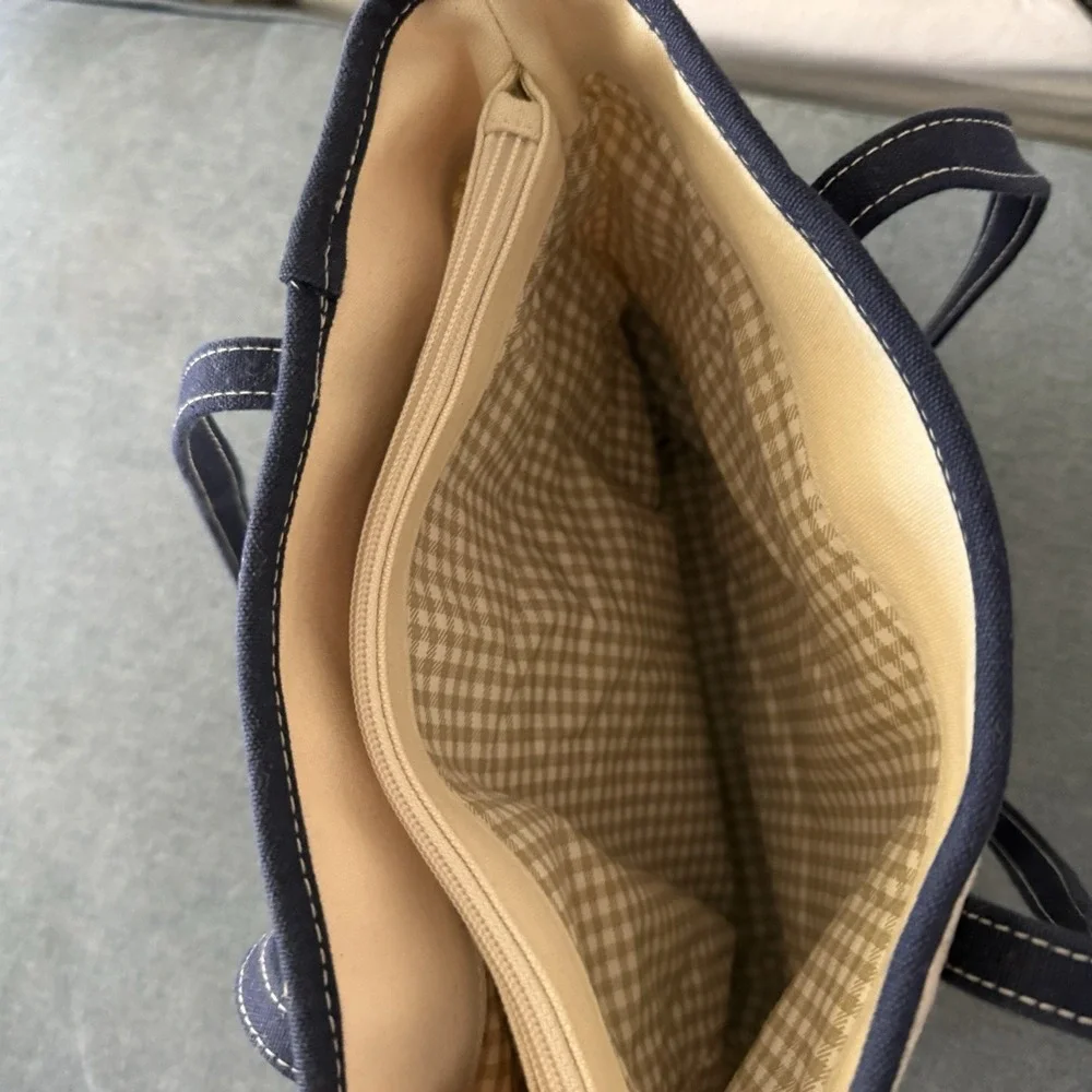 VTG Jennifer Moore Womens Large‎ Tote Bag Canvas Navy Trim Gingham Lined 90s